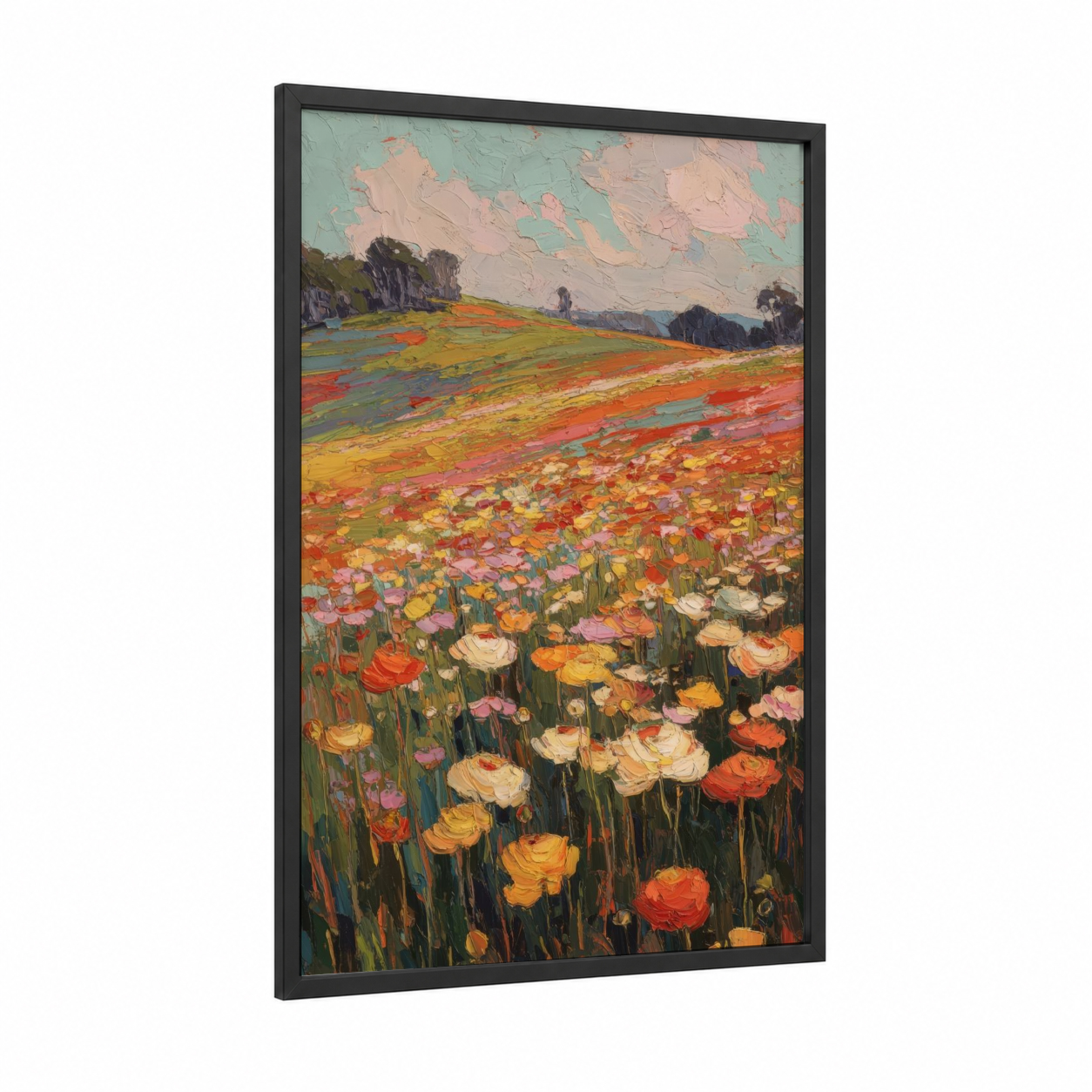 Wildflower Meadow framed ranunculus print — black wood frame — orange and yellow gold palette
