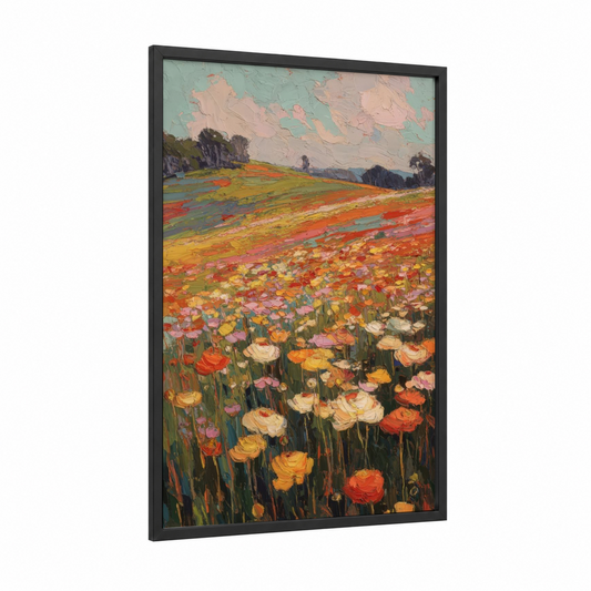 Wildflower Meadow framed ranunculus print — black wood frame — orange and yellow gold palette