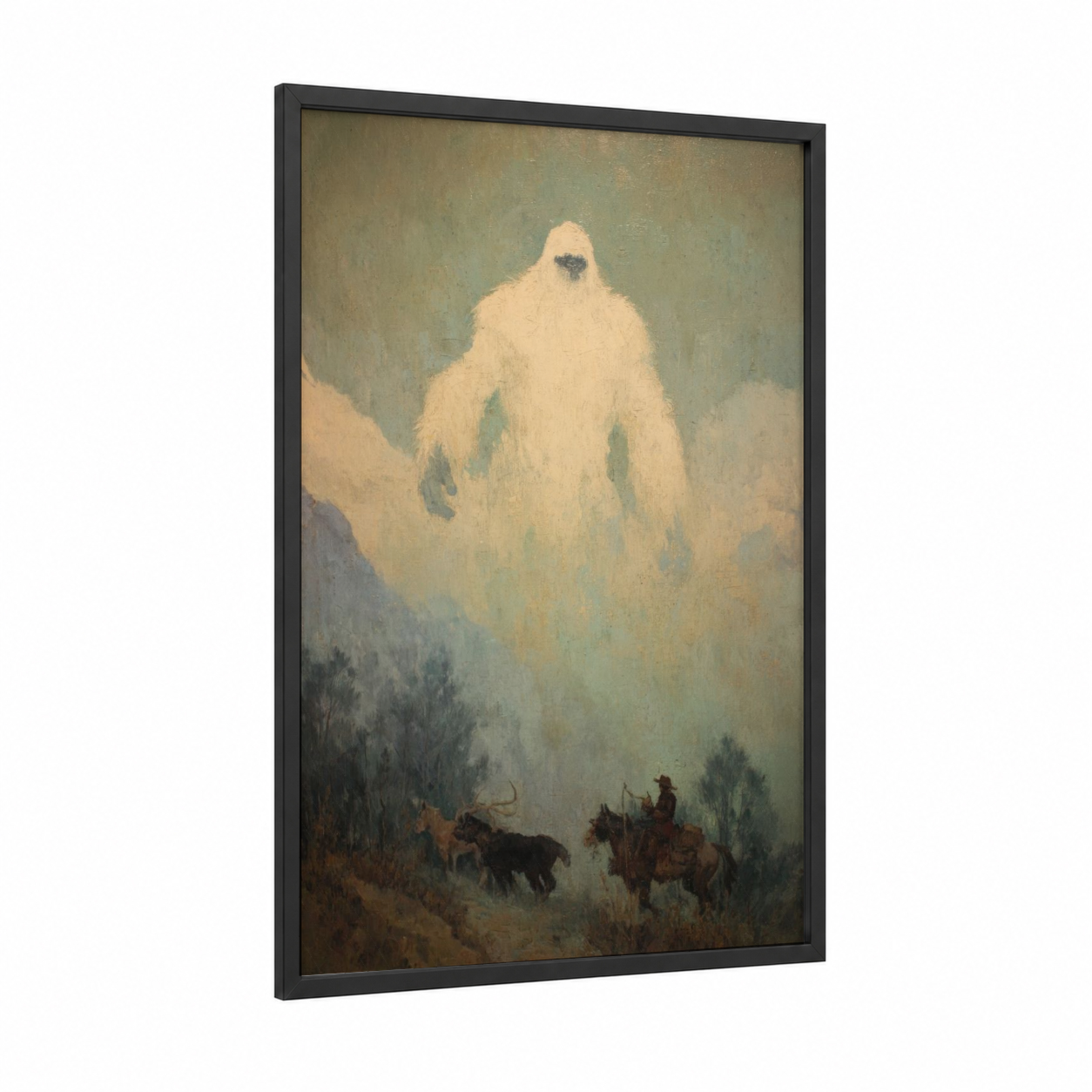 Mountain Yeti framed art print — black wood frame — cream and dove gray palette
