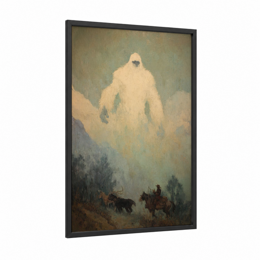 Mountain Yeti framed art print — black wood frame — cream and dove gray palette