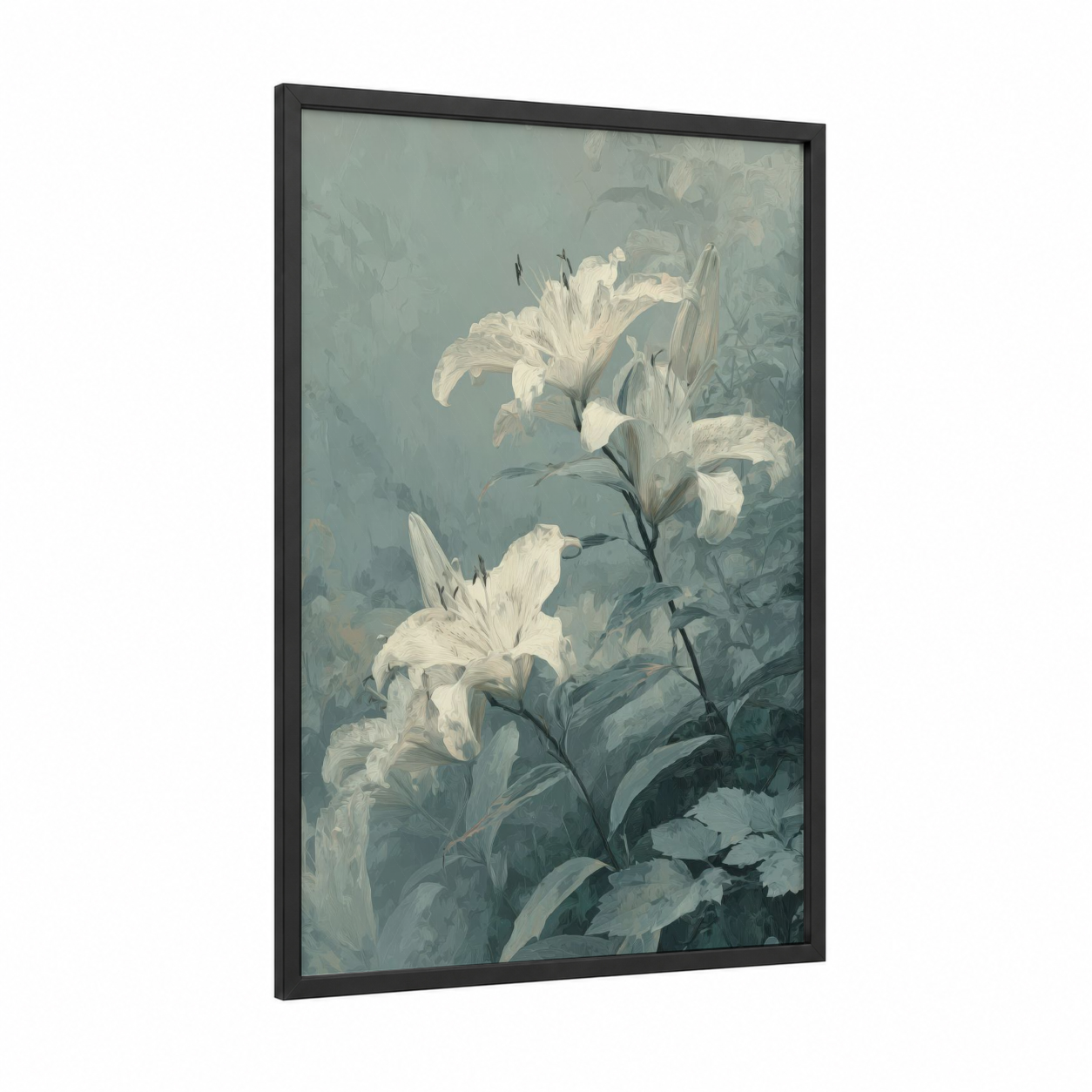 Ethereal White Lily framed art print — black wood frame — white and dove gray palette