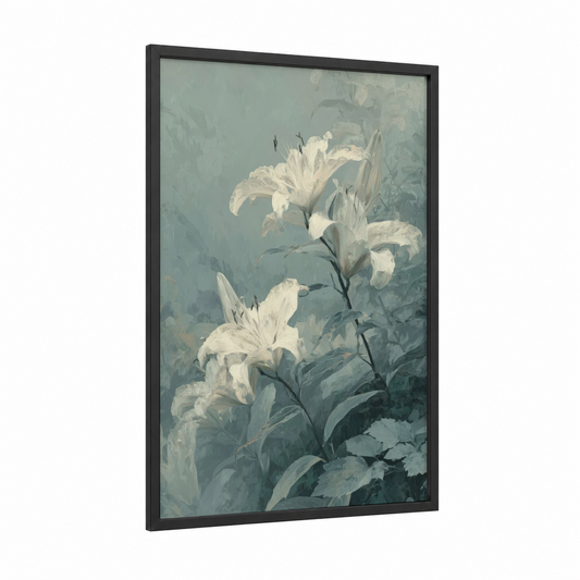 Ethereal White Lily framed art print — black wood frame — white and dove gray palette