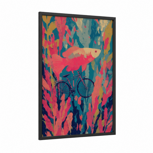 Crimson Betta Bicycle framed betta fish print — black wood frame — magenta and teal palette