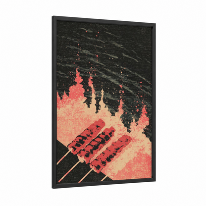 Crimson Skewers framed poultry print — black wood frame — red and black palette