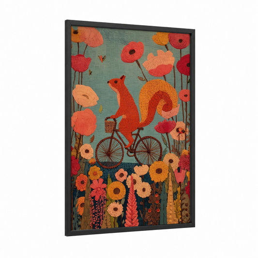 Cycling Squirrel framed art print — black wood frame — orange and sage green palette