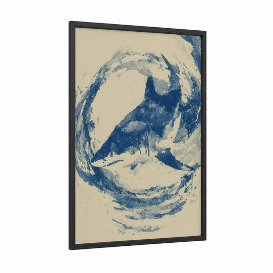 Swirling Blue Shark framed art print — black wood frame — blue and cream palette