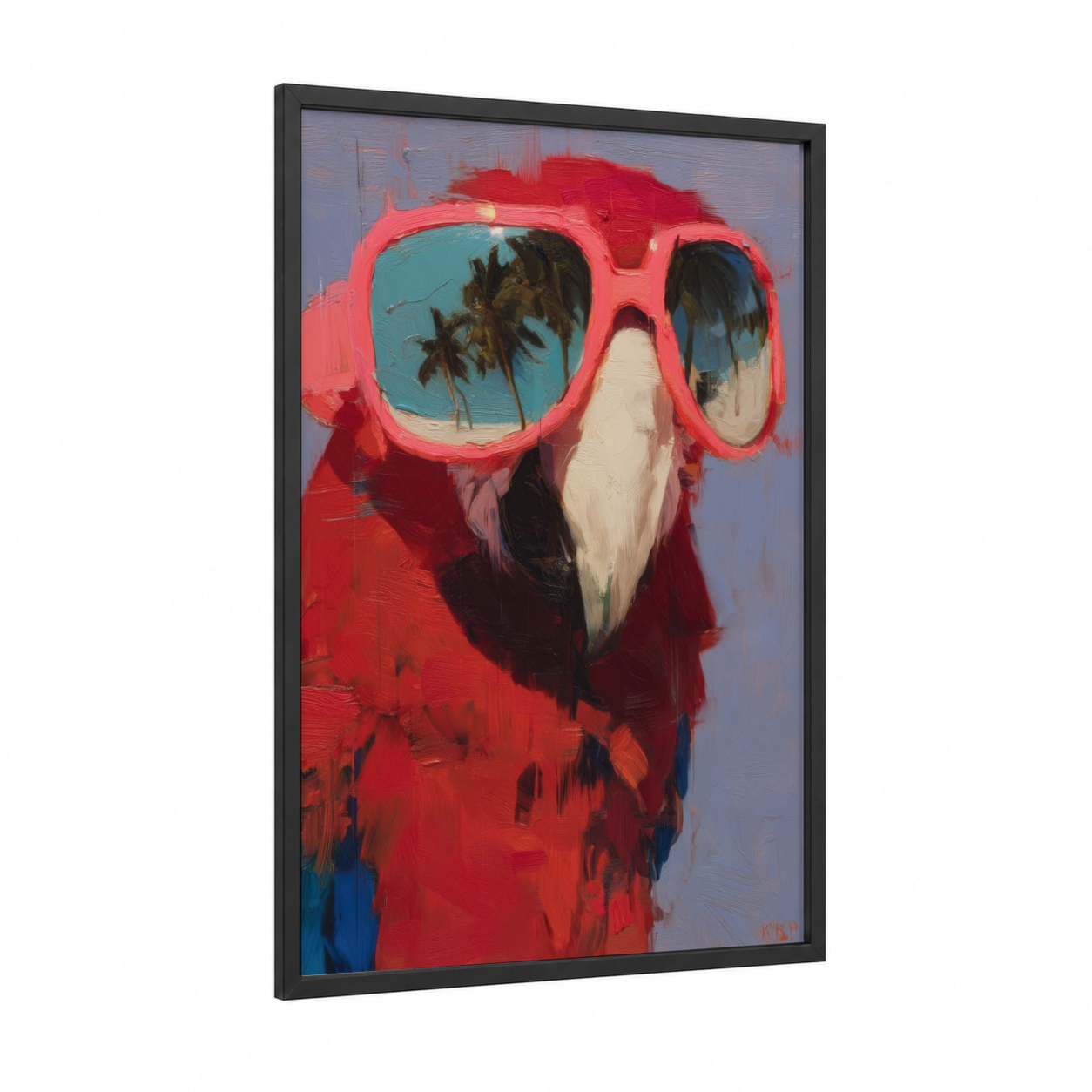 Cool Macaw Portrait framed art print — black wood frame — red and turquoise palette