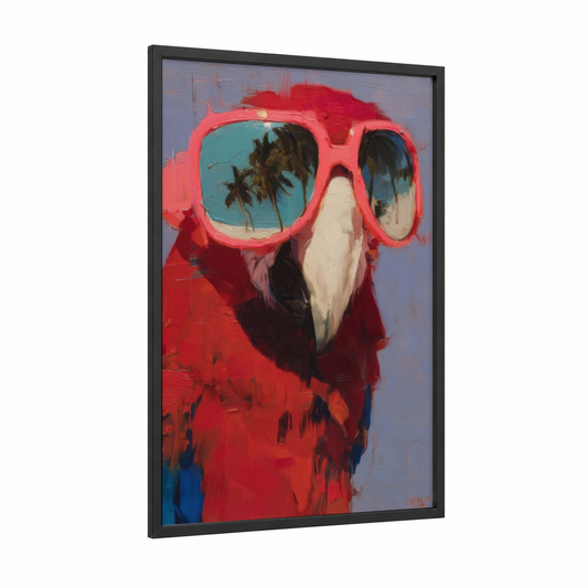 Cool Macaw Portrait framed art print — black wood frame — red and turquoise palette