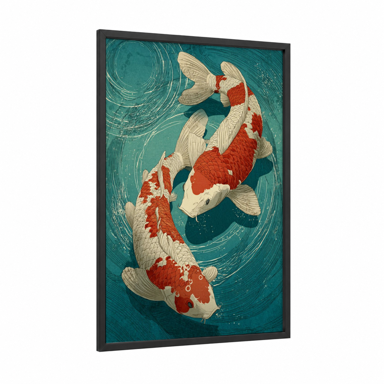 Crimson Koi Pair framed koi fish print — black wood frame — teal and red palette