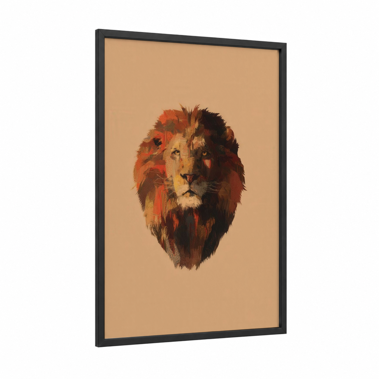 Majestic Lion Portrait framed art print — black wood frame — gold and brown palette