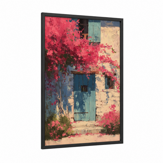 Turquoise Cottage Door framed art print — black wood frame — magenta and turquoise palette
