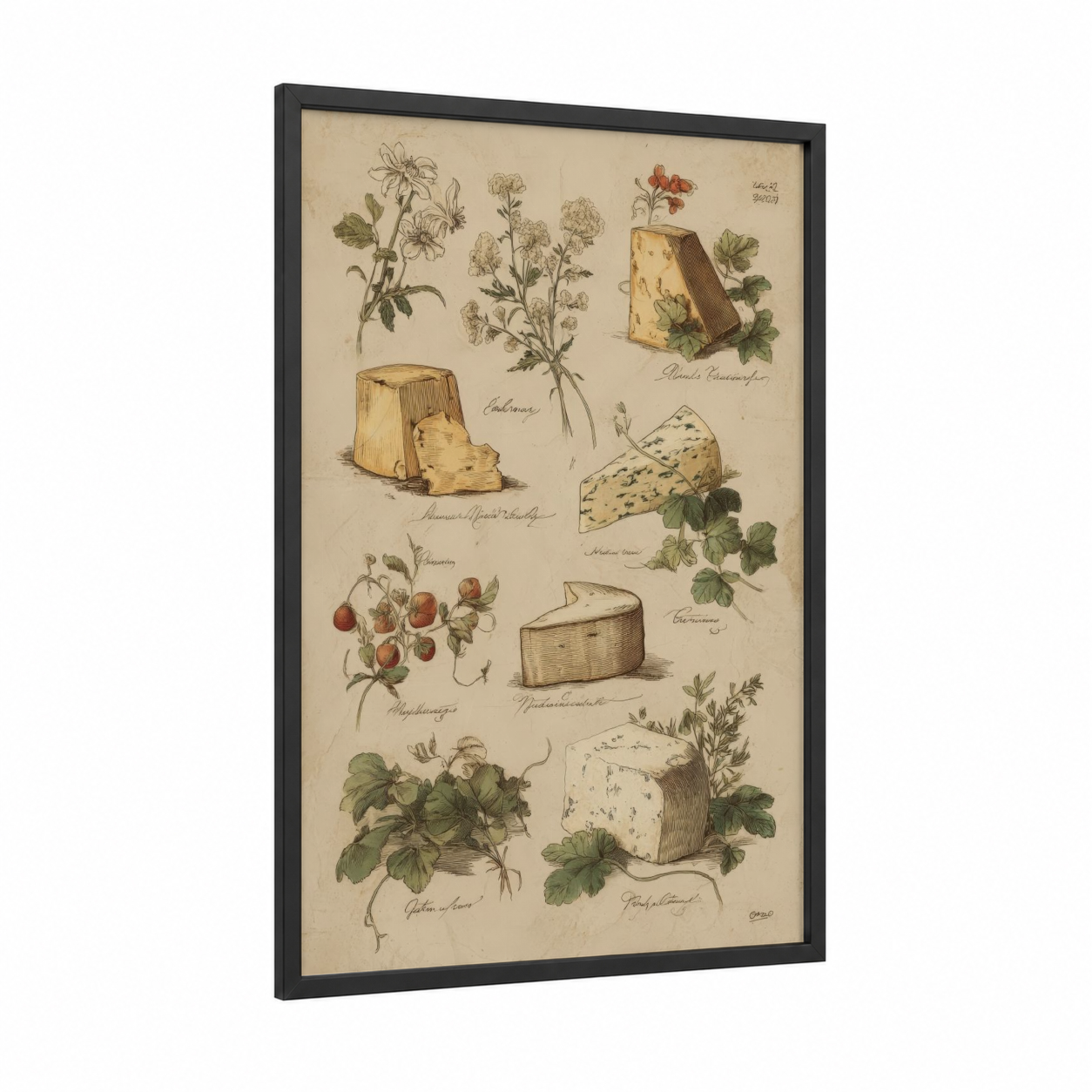Vintage Cheese Study framed art print — black wood frame — cream and brown palette