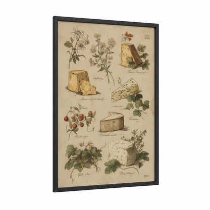 Vintage Cheese Study framed art print — black wood frame — cream and brown palette