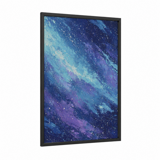 Cosmic Aurora framed space print — black wood frame — blue and purple palette