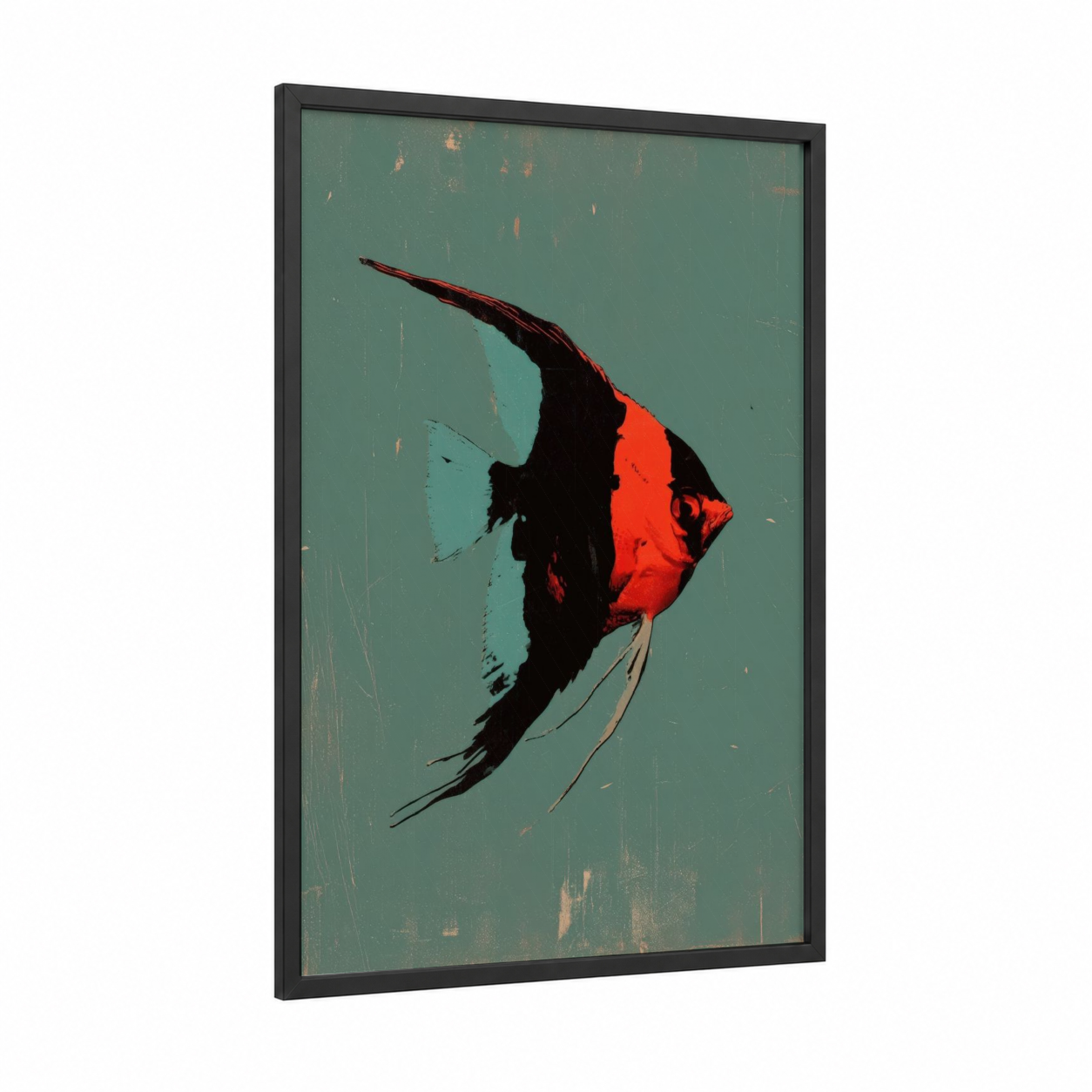 Crimson Angel Fish framed art print — black wood frame — teal and red palette