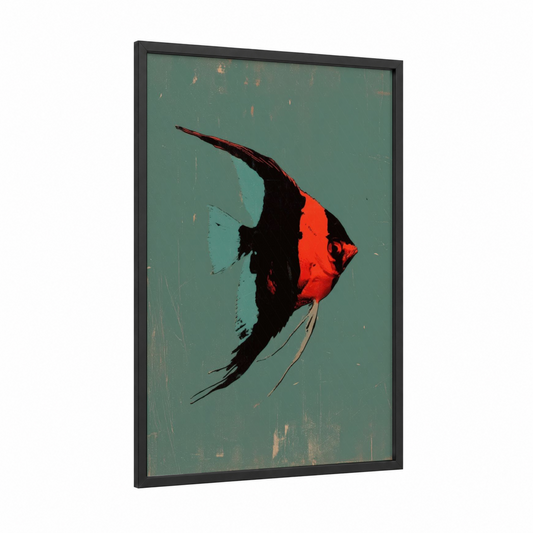 Crimson Angel Fish framed art print — black wood frame — teal and red palette