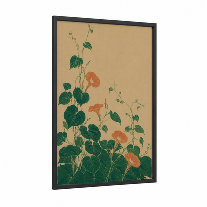 Japanese Morning Glory Botanical Wall Art framed flower print — black wood frame — beige and true green palette