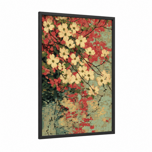 Cream Dogwood Reflection framed art print — black wood frame — cream and red palette