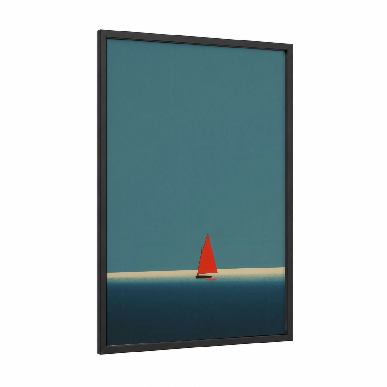 Crimson Sailboat framed windsurfing print — black wood frame — teal and red palette