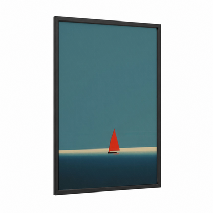 Crimson Sailboat framed windsurfing print — black wood frame — teal and red palette