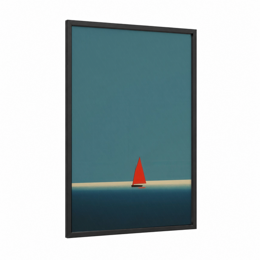 Crimson Sailboat framed windsurfing print — black wood frame — teal and red palette