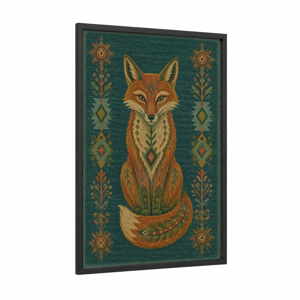 Geometric Fox with Ornamental Design Wall Art framed art print — black wood frame — teal and gold palette