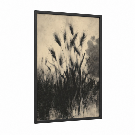 Windswept Grain framed art print — black wood frame — black and white palette