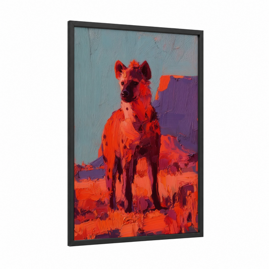 Crimson Hyena framed art print — black wood frame — red and blue palette