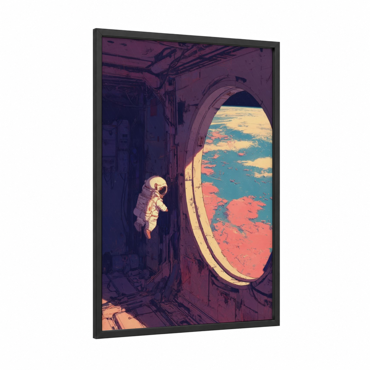 Astronaut Window framed guinea pig print — black wood frame — turquoise and gold palette