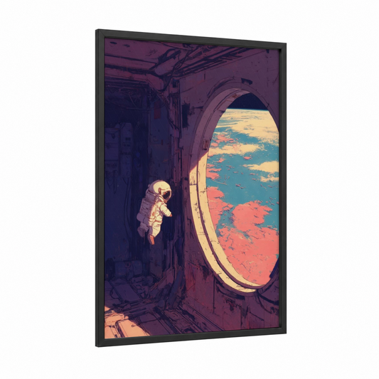 Astronaut Window framed guinea pig print — black wood frame — turquoise and gold palette