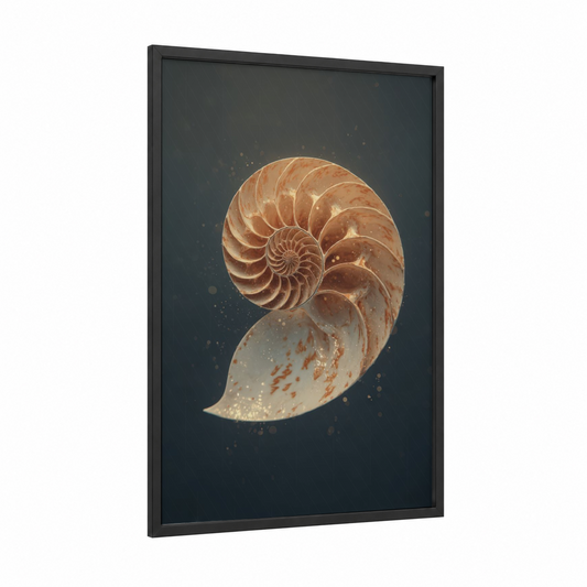 Golden Nautilus framed seashell print — black wood frame — gold and dove gray palette
