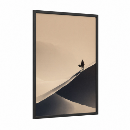 Desert Wanderer framed camel print — black wood frame — cream and black palette