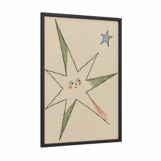 Whimsical Star Kids Wall Art framed art print — black wood frame — beige and sage green palette