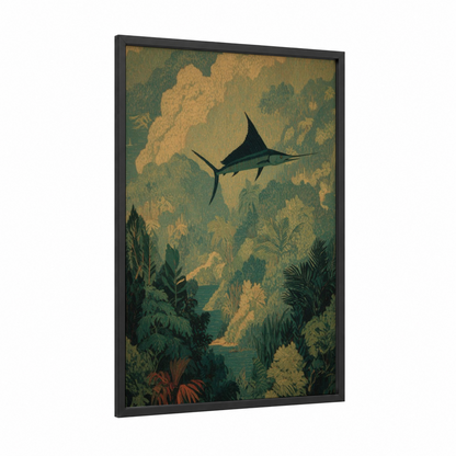 Marlin Jungle Waters framed art print — black wood frame — gold and dark green palette
