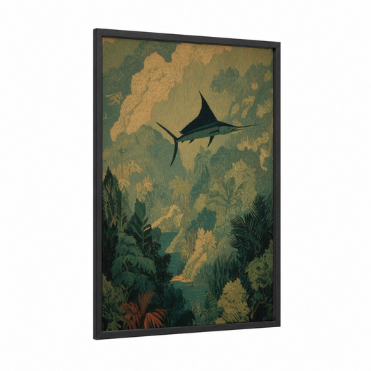 Marlin Jungle Waters framed art print — black wood frame — gold and dark green palette