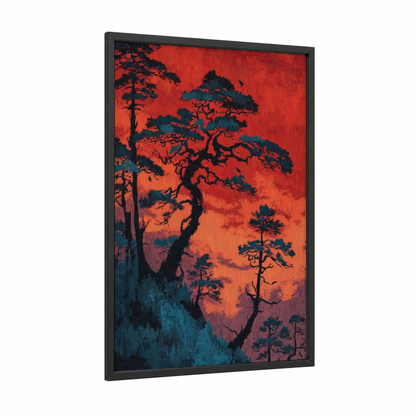 Crimson Juniper Sunset framed juniper tree print — black wood frame — red and teal palette