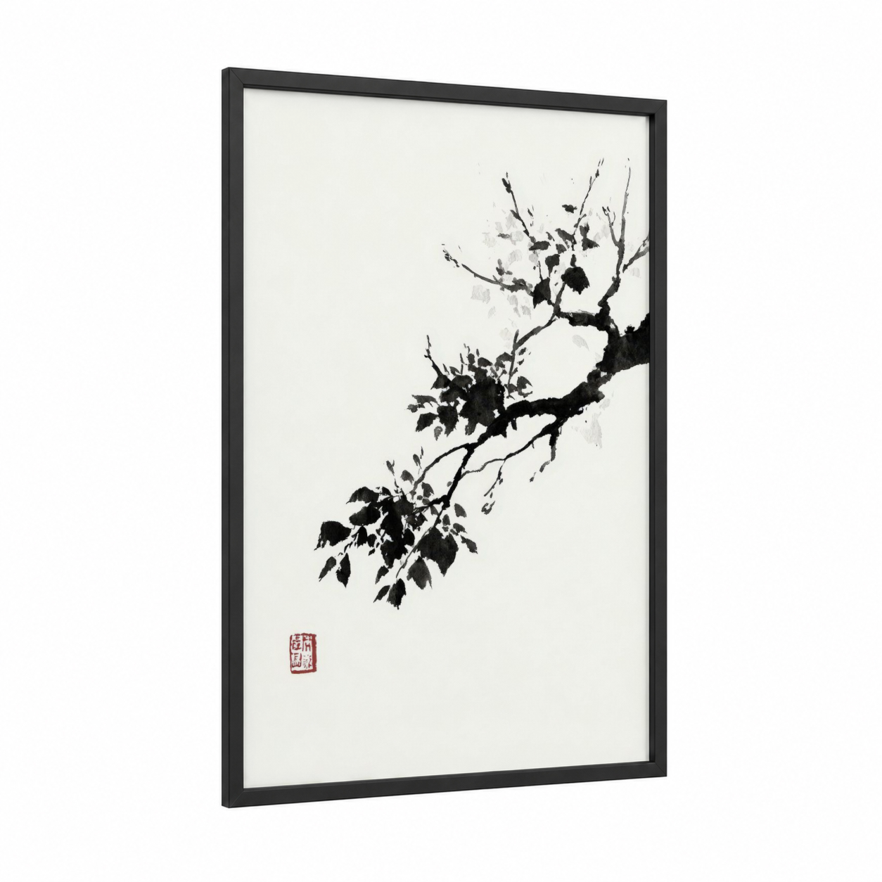 Ink Branch Study framed linden tree print — black wood frame — black and white palette