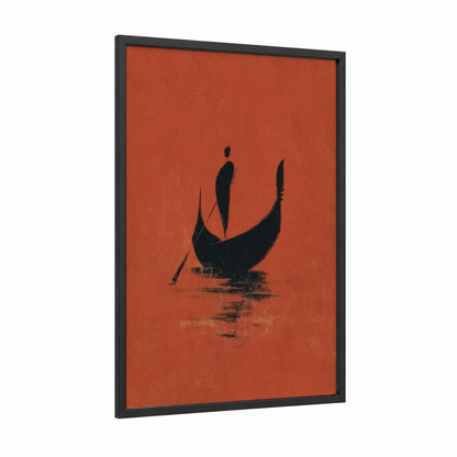 Venetian Gondola framed art print — black wood frame — russet and black palette