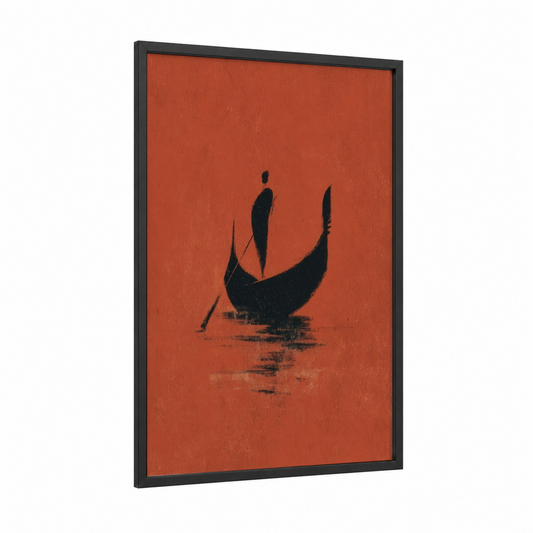 Venetian Gondola framed art print — black wood frame — russet and black palette