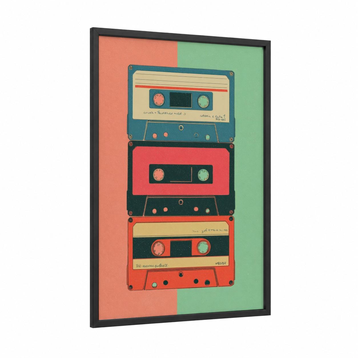 Stacked Cassettes Retro framed casette print — black wood frame — red and light green palette