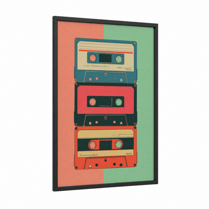 Stacked Cassettes Retro framed casette print — black wood frame — red and light green palette