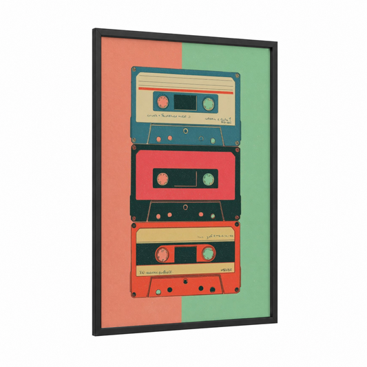 Stacked Cassettes Retro framed casette print — black wood frame — red and light green palette