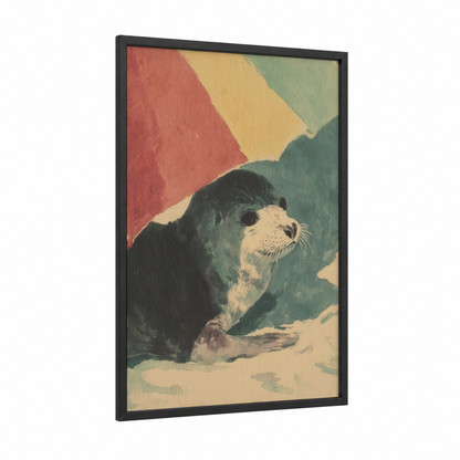 Curious Sea Lion framed art print — black wood frame — russet and teal palette