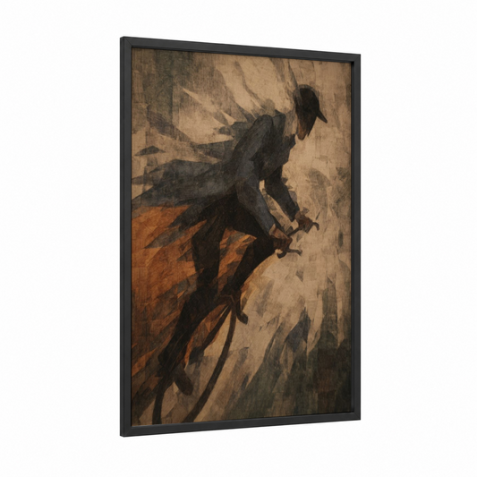 Soaring Unicyclist framed unicycle print — black wood frame — black and gold palette