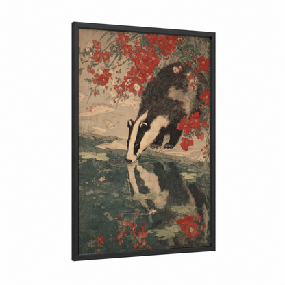 Riverside Badger framed art print — black wood frame — red and teal palette