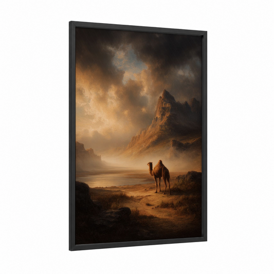 Desert Mirage Camel framed art print — black wood frame — gold and brown palette