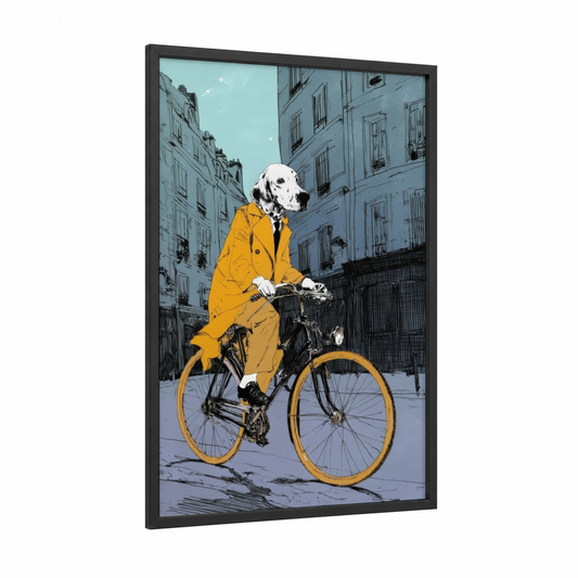 Urban Cyclist Setter framed art print — black wood frame — yellow gold and blue palette