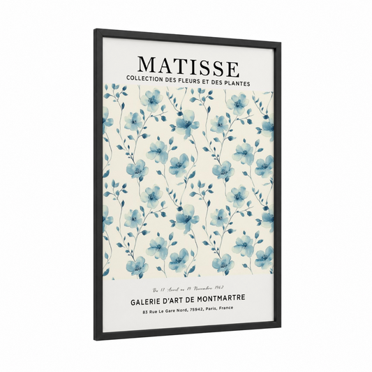 Azure Matisse Florals framed abstract flower print — black wood frame — blue and cream palette