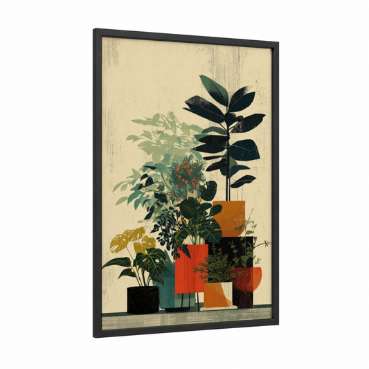 Tropical Trees Potted Garden framed art print — black wood frame — dark green palette