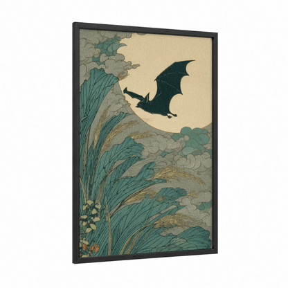 Moonlit Bat framed art print — black wood frame — teal and cream palette